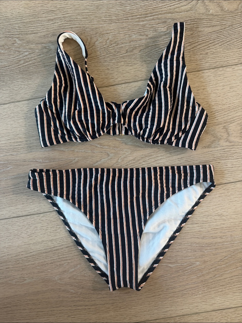 Shade & Shore Black and Cream Striped Underwire Bikini